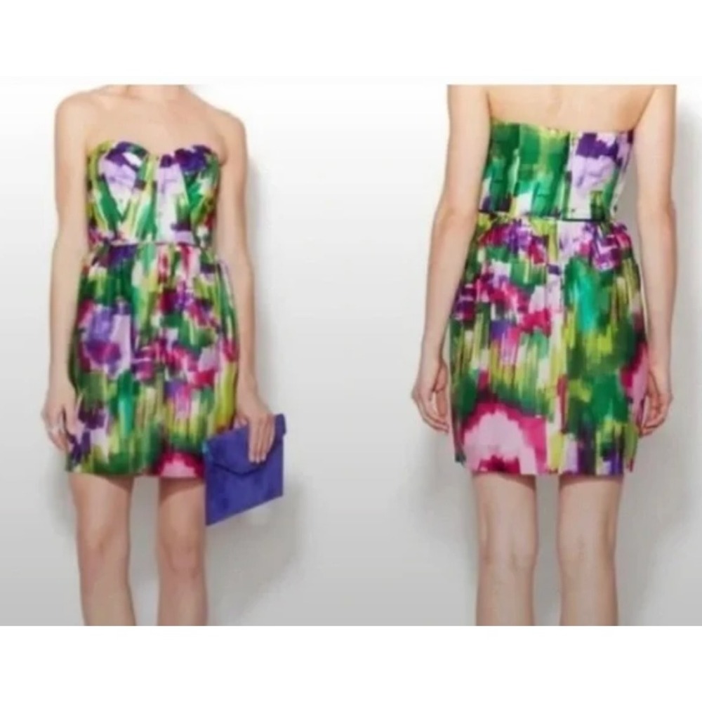 Shoshanna Abstract Watercolor Strapless Mini Dress Pink Green Purple Size 4